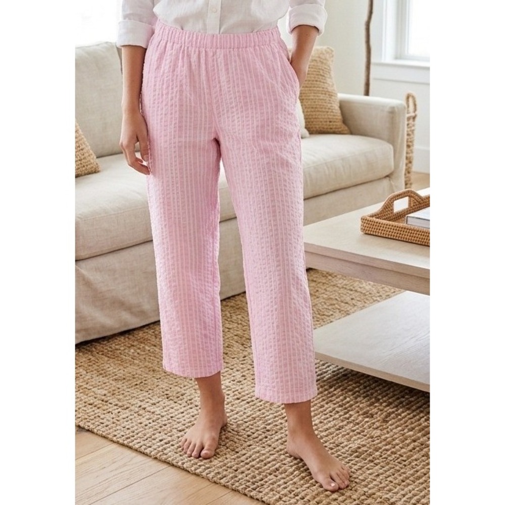 Appleseeds Petites Seersucker Striped Capri Pants Women's 12P Pink White Coastal